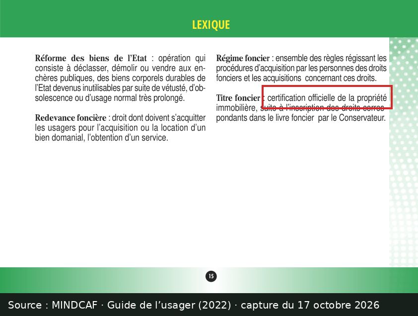 Capture d’écran de la page 15 du Guide de l’usager du MINDCAF : passage encadré « certification officielle de la propriété »