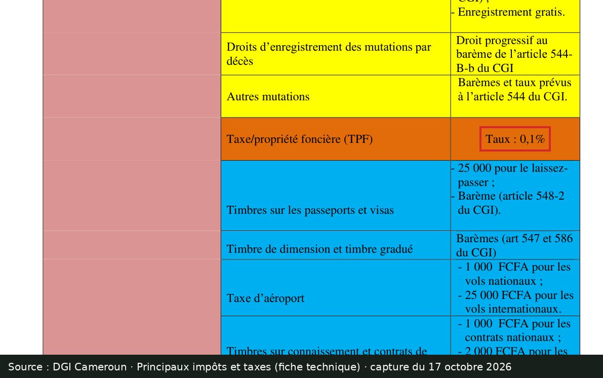 Capture d’écran de la fiche technique de la DGI Cameroun : passage encadré « Taux : 0,1% »