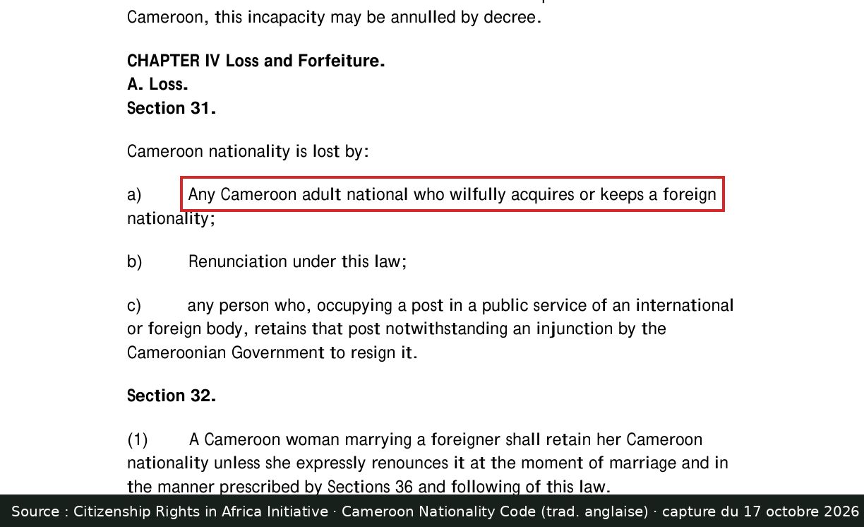 Capture d’écran de la traduction anglaise du code de la nationalité camerounaise : passage encadré « Any Cameroon adult national who wilfully acquires or keeps a foreign »