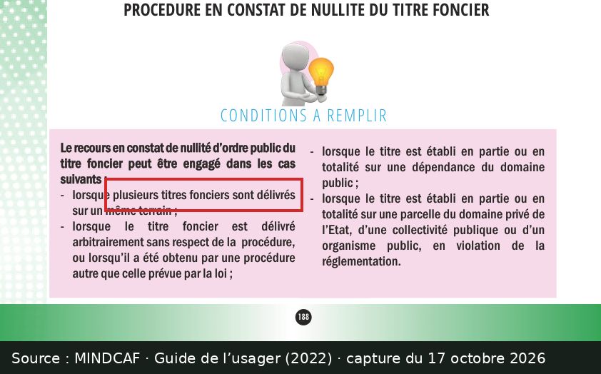 Capture d’écran de la page 188 du Guide de l’usager du MINDCAF : passage encadré « plusieurs titres fonciers sont délivrés »