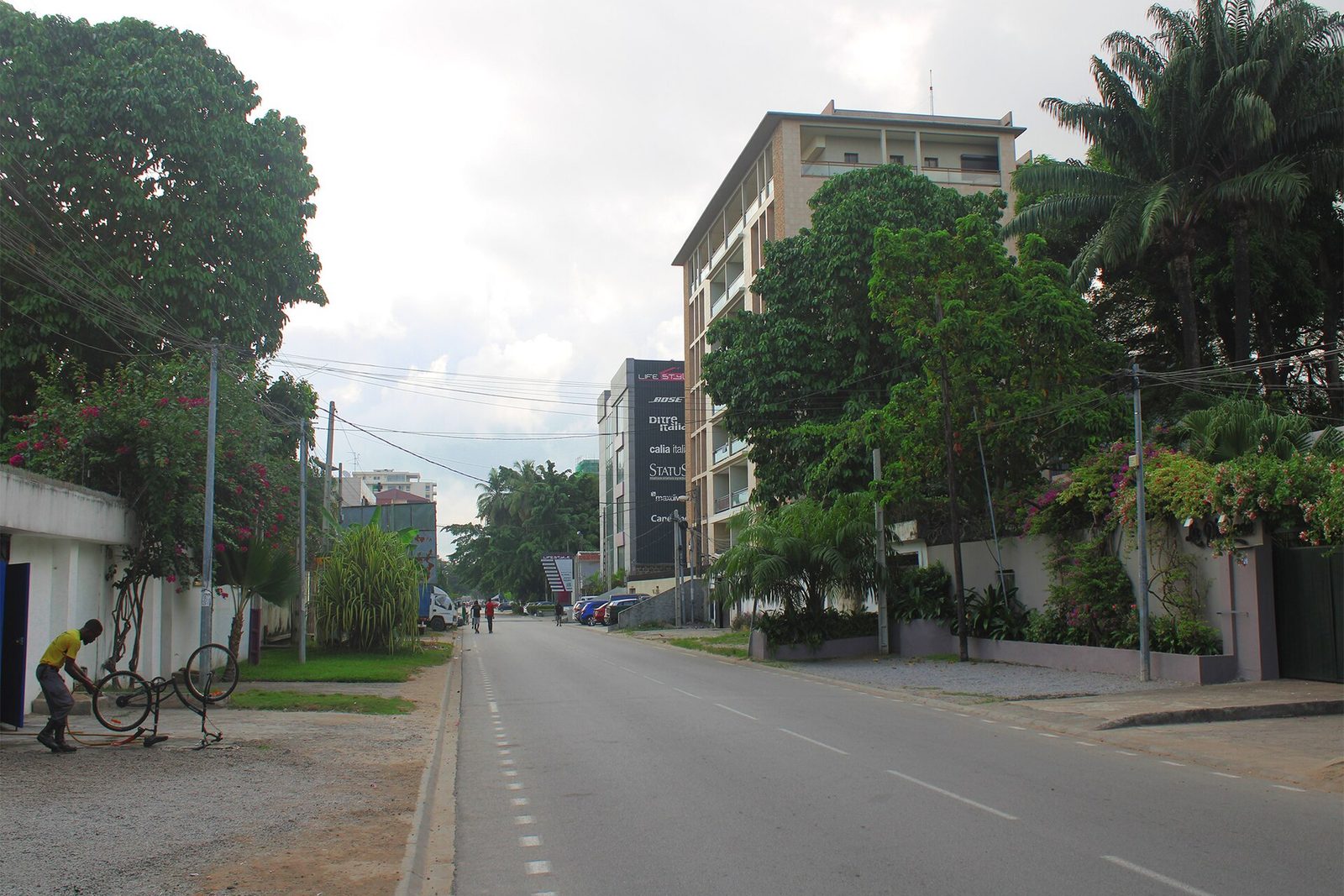 Rue résidentielle bordée d’arbres et de villas dans la zone 4 de Marcory, à Abidjan