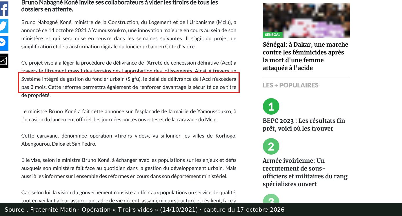Capture d’écran de l’article de Fraternité Matin du 14/10/2021 : passage encadré « le délai de délivrance de l’Acd n’excédera pas 3 mois »