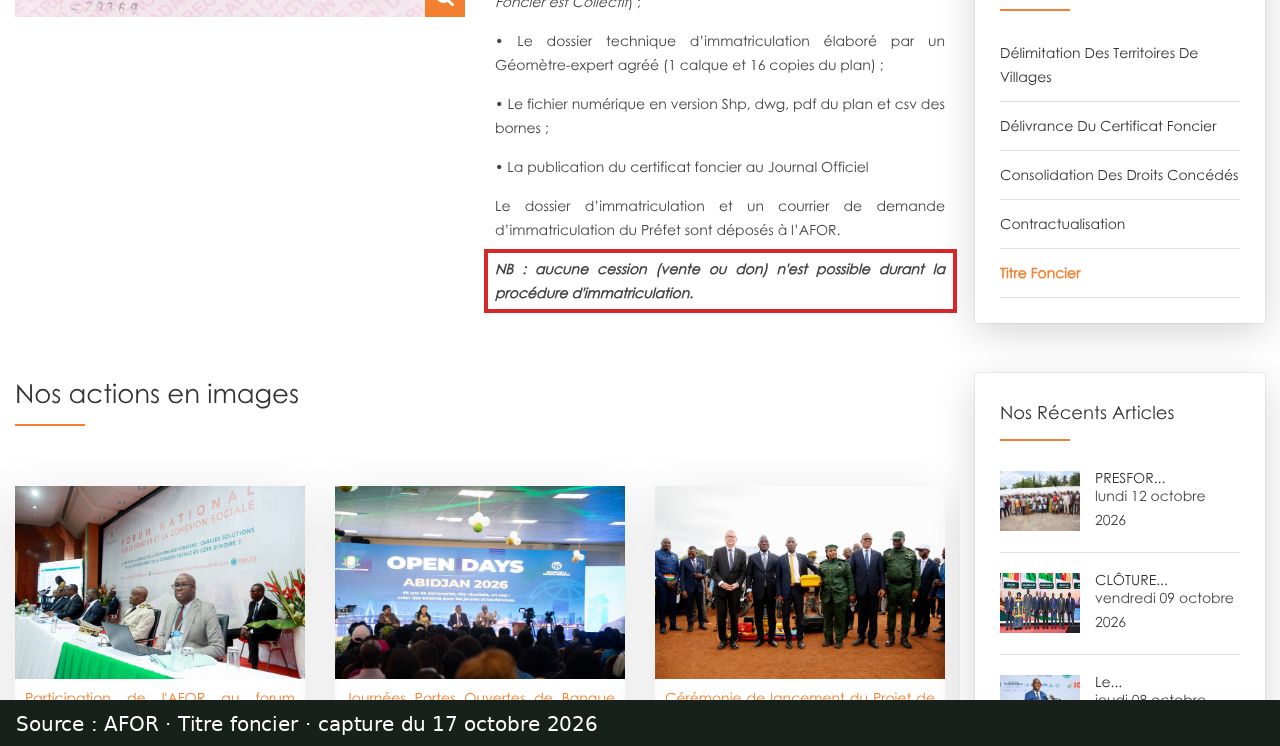 Capture d’écran de la page AFOR « Titre foncier » : passage encadré « NB : aucune cession (vente ou don) n'est possible durant la procédure d'immatriculation. »
