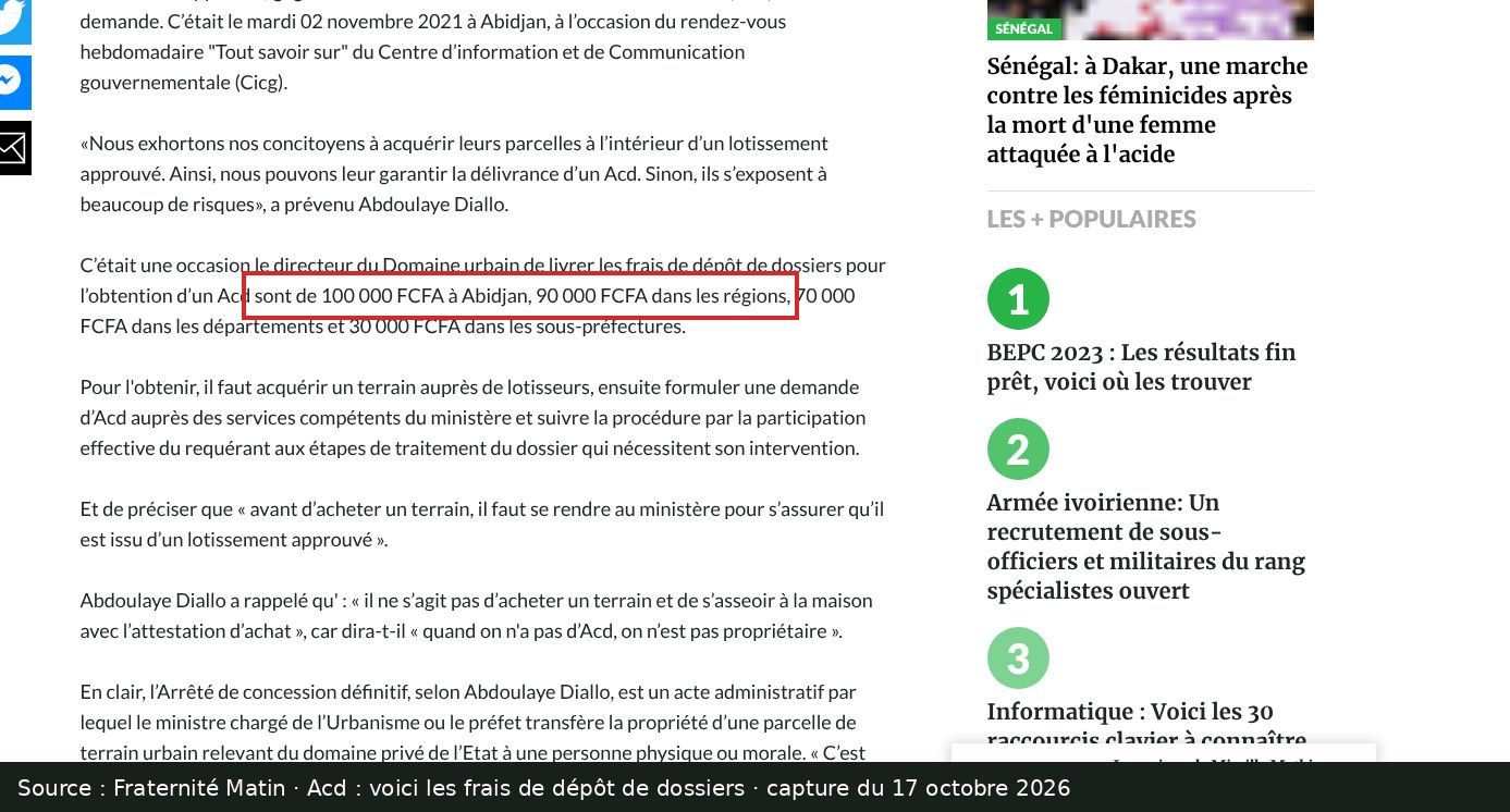 Capture d’écran de l’article de Fraternité Matin du 03/11/2021 : passage encadré « sont de 100 000 FCFA à Abidjan, 90 000 FCFA dans les régions »