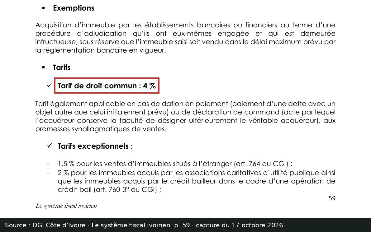 Capture d’écran de la page 59 du guide « Le système fiscal ivoirien » (DGI) : passage encadré « Tarif de droit commun : 4 % »