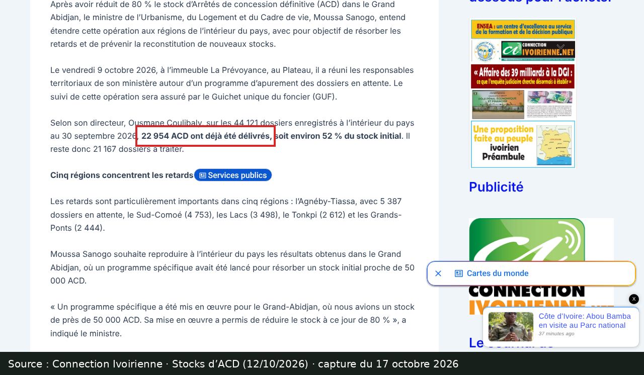 Capture d’écran de l’article de Connection Ivoirienne du 12/10/2026 : passage encadré « 22 954 ACD ont déjà été délivrés »