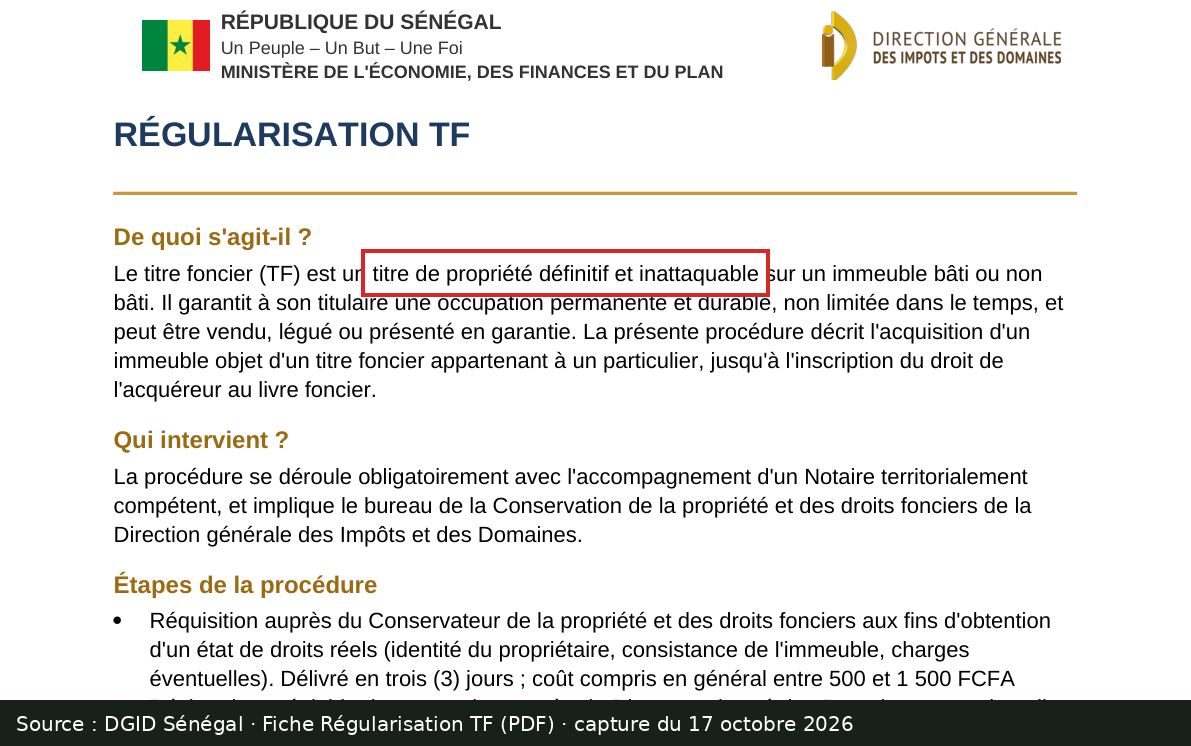 Capture d’écran de la fiche DGID « Régularisation TF » (PDF) : passage encadré « titre de propriété définitif et inattaquable »