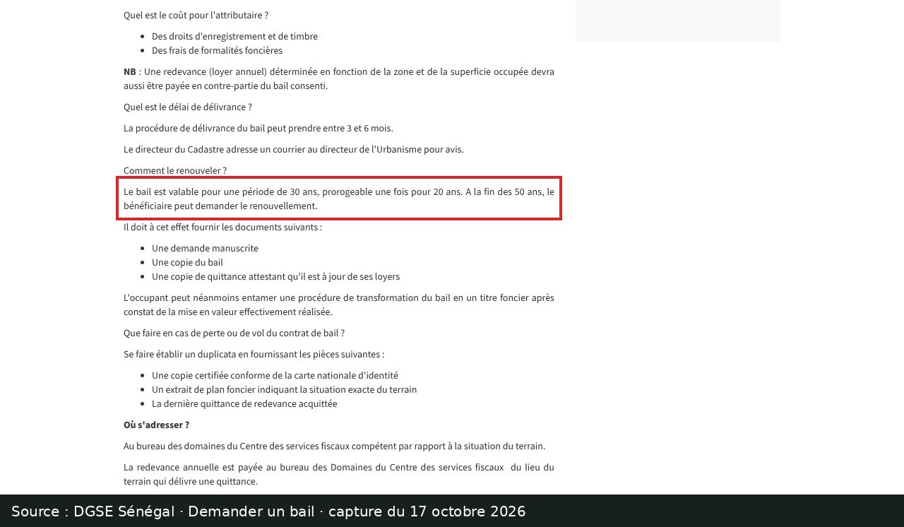Capture d’écran de la page DGSE « Demander un bail » : passage encadré « Le bail est valable pour une période de 30 ans, prorogeable une fois pour 20 ans. »