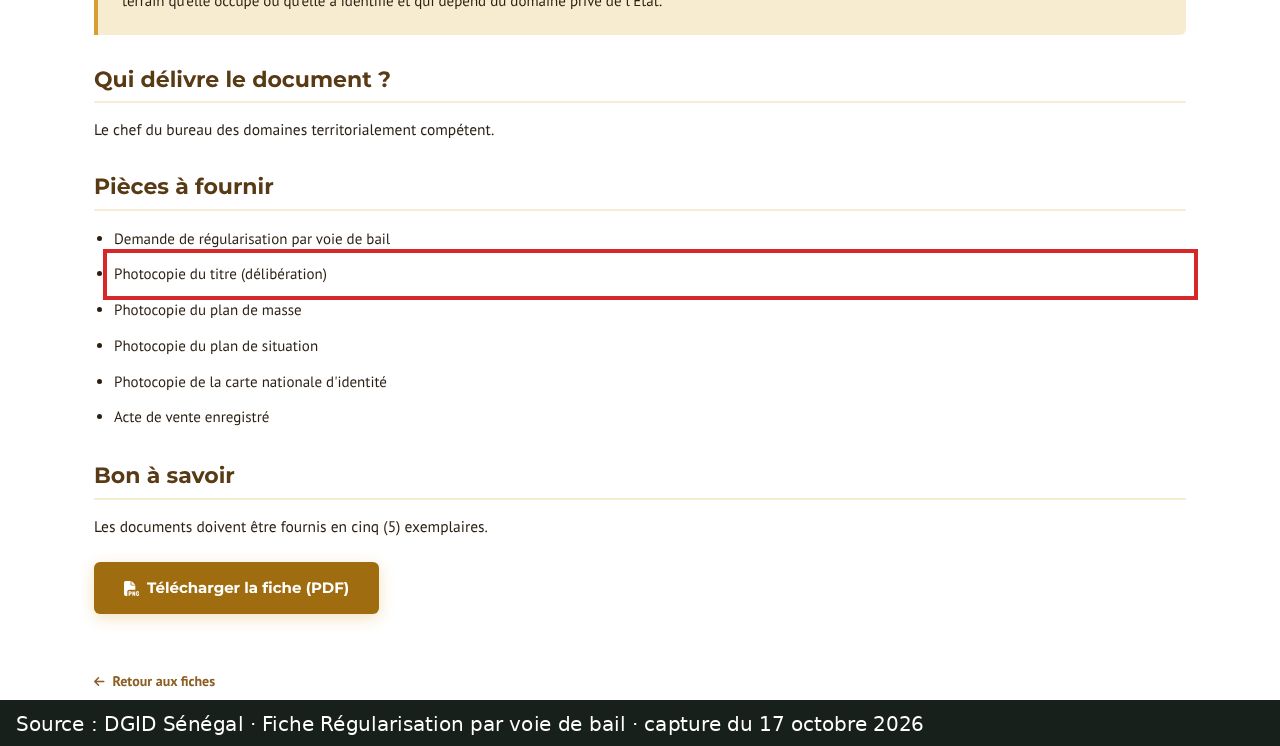 Capture d’écran de la fiche DGID « Régularisation par voie de bail » : passage encadré « Photocopie du titre (délibération) »