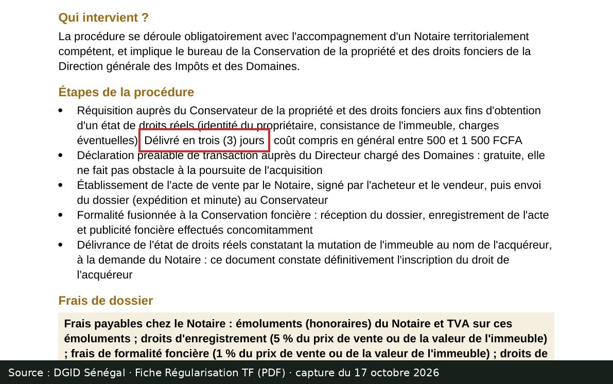 Capture d’écran de la fiche DGID « Régularisation TF » (PDF) : passage encadré « Délivré en trois (3) jours »