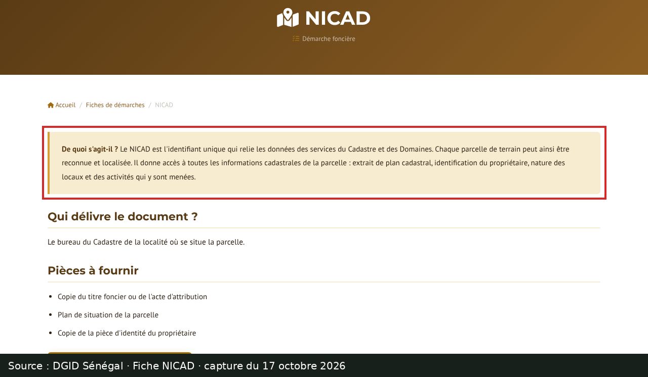 Capture d’écran de la fiche DGID « NICAD » : passage encadré « Le NICAD est l'identifiant unique qui relie les données des services du Cadastre et des Domaines. »