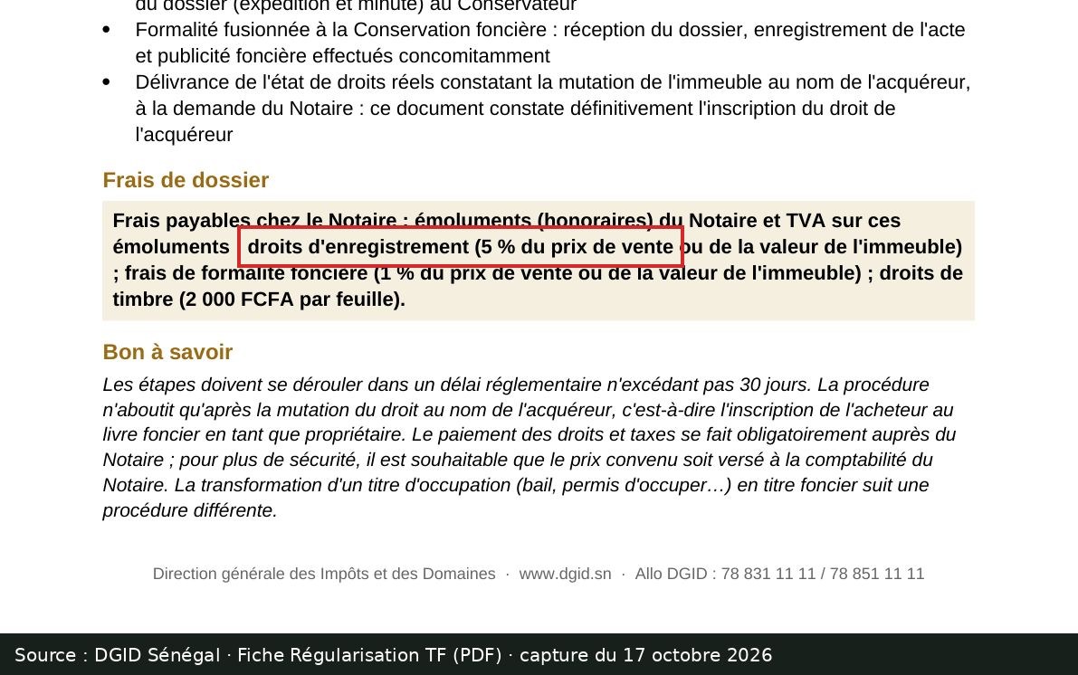 Capture d’écran de la fiche DGID « Régularisation TF » (PDF) : passage encadré « droits d'enregistrement (5 % du prix de vente »