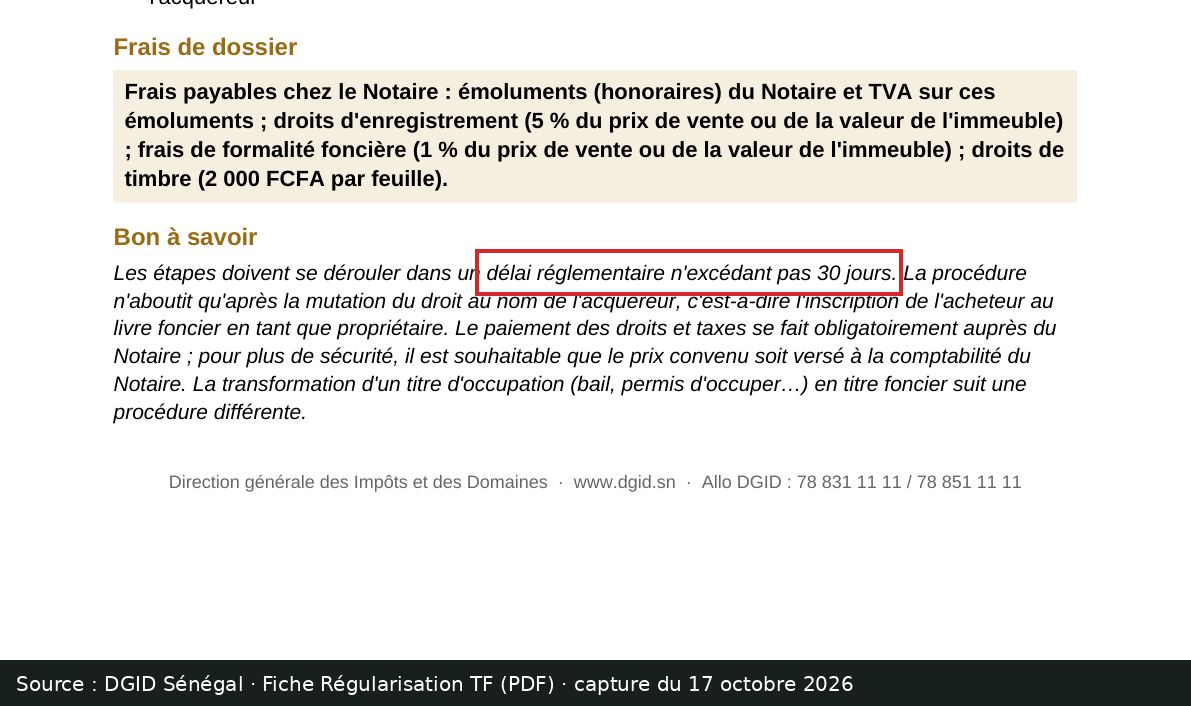 Capture d’écran de la fiche DGID « Régularisation TF » (PDF) : passage encadré « délai réglementaire n'excédant pas 30 jours. »