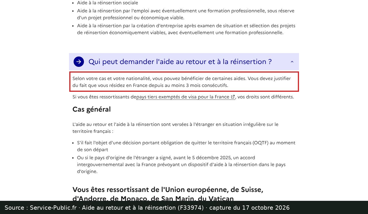 Capture d’écran de la fiche Service-Public F33974 : passage encadré « Vous devez justifier du fait que vous résidez en France depuis au moins 3 mois consécutifs. »