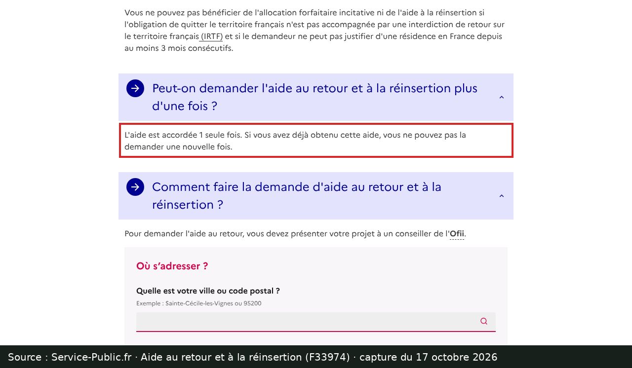 Capture d’écran de la fiche Service-Public F33974 : passage encadré « L'aide est accordée 1 seule fois. Si vous avez déjà obtenu cette aide, vous ne pouvez pas la demander une nouvelle fois. »