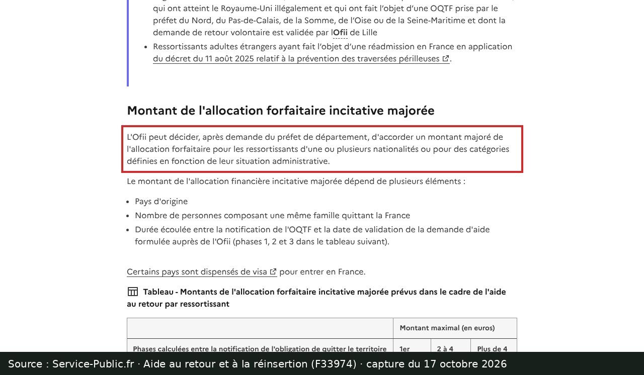 Capture d’écran de la fiche Service-Public F33974 : passage encadré « L'Ofii peut décider, après demande du préfet de département, d'accorder un montant majoré de l'allocation forfaitaire »
