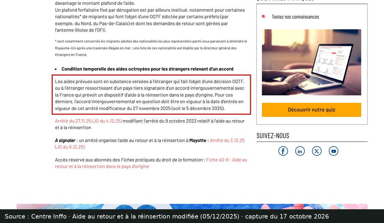 Capture d’écran de l’article de Centre Inffo du 5 décembre 2025 : passage encadré « l'accord intergouvernemental en question doit être en vigueur à la date d'entrée en vigueur de cet arrêté modificateur du 27 novembre 2025 »