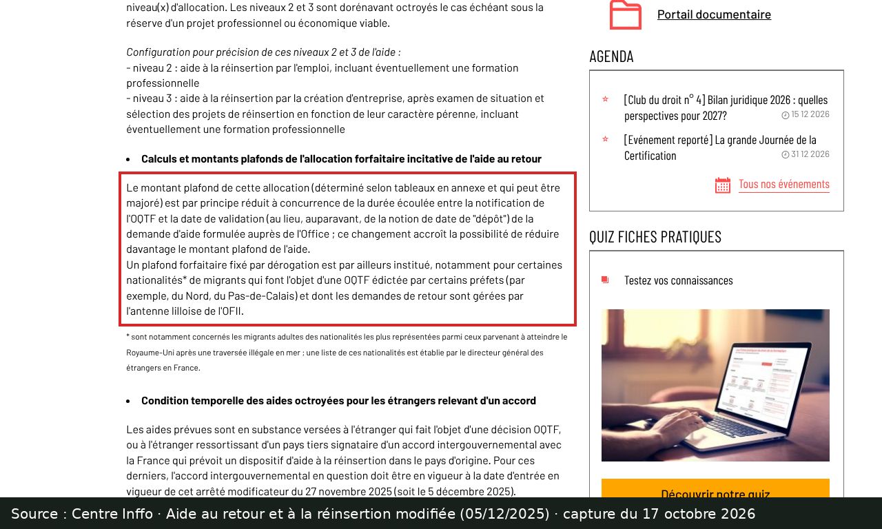 Capture d’écran de l’article de Centre Inffo du 5 décembre 2025 : passage encadré « la date de validation (au lieu, auparavant, de la notion de date de "dépôt") de la demande d'aide »