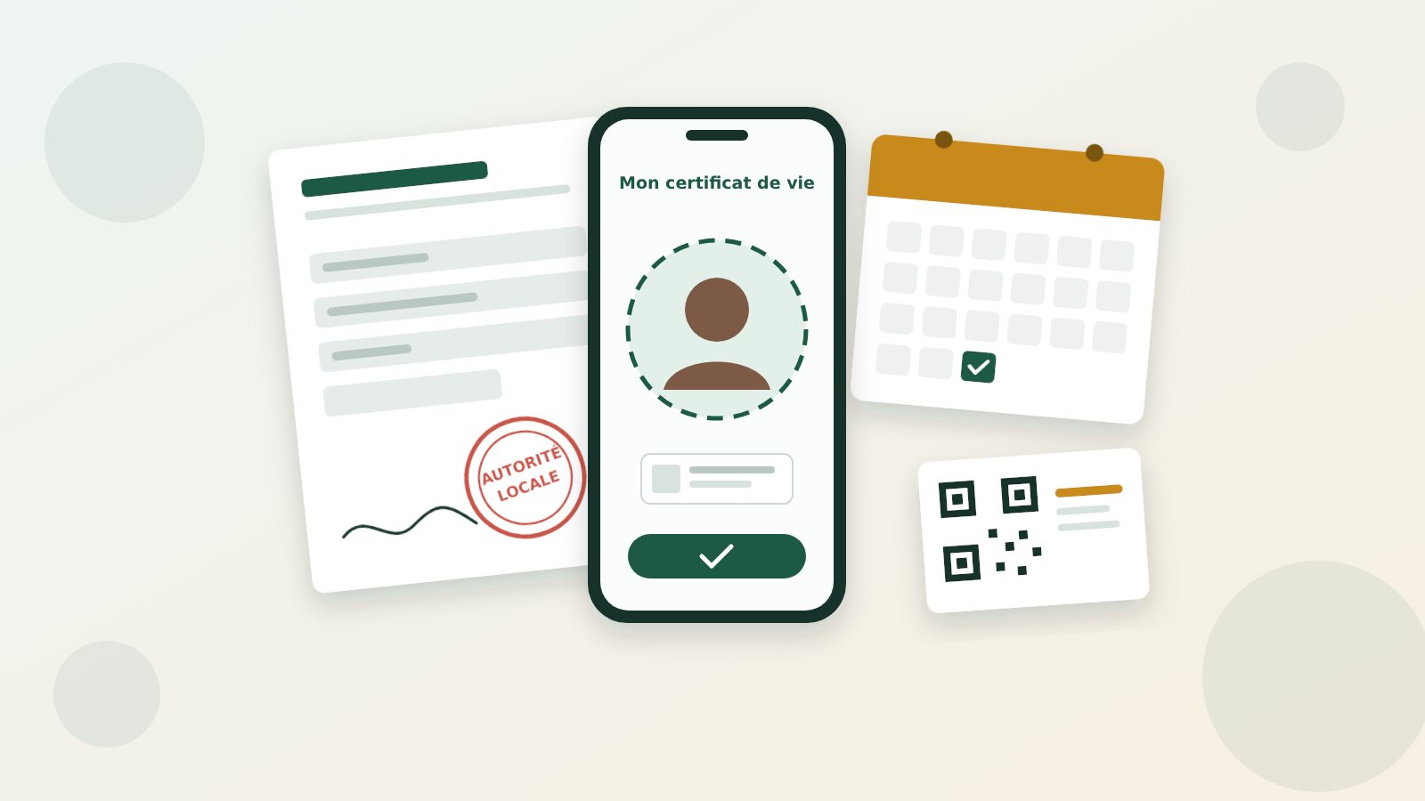 Illustration : un téléphone affiche l’application « Mon certificat de vie » avec un visage à filmer, entouré d’un formulaire papier tamponné « autorité locale », d’un calendrier et d’un QR code