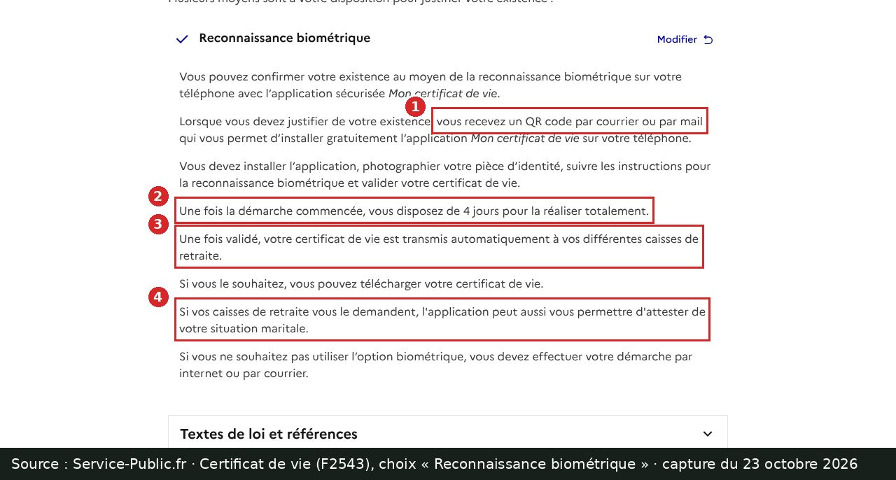 Capture d’écran annotée : fiche Service-Public F2543, choix « Reconnaissance biométrique », quatre passages encadrés