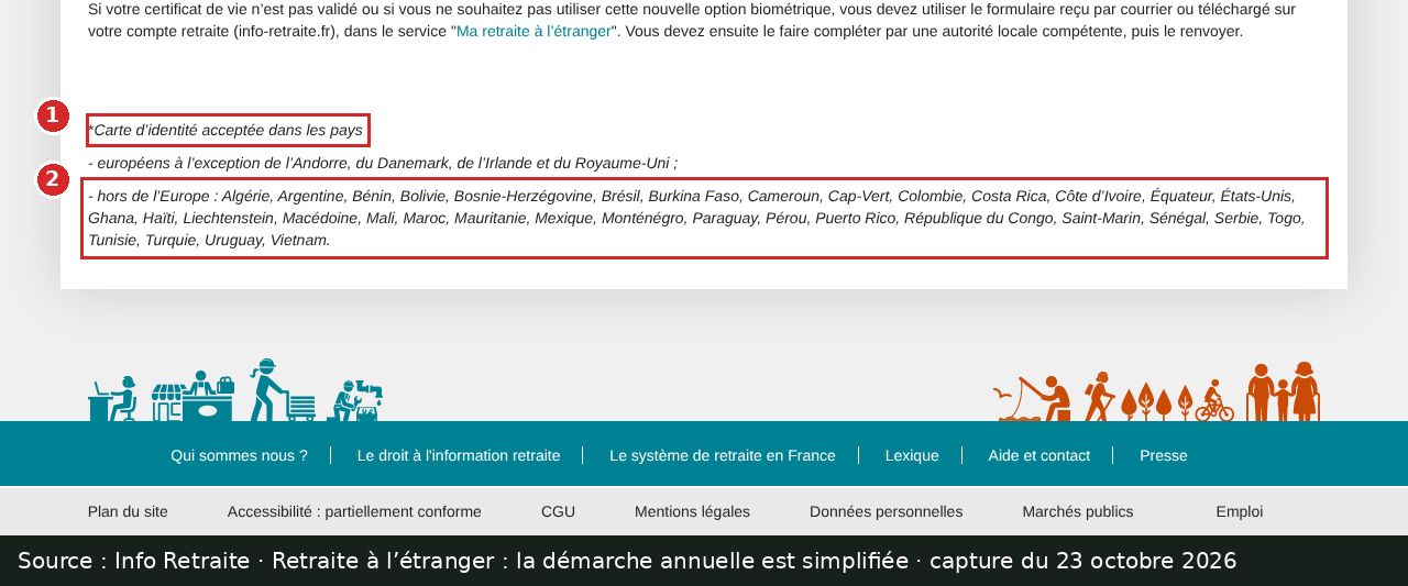 Capture d’écran annotée : actualité Info Retraite, liste des pays dont la carte d’identité est acceptée, encadrée