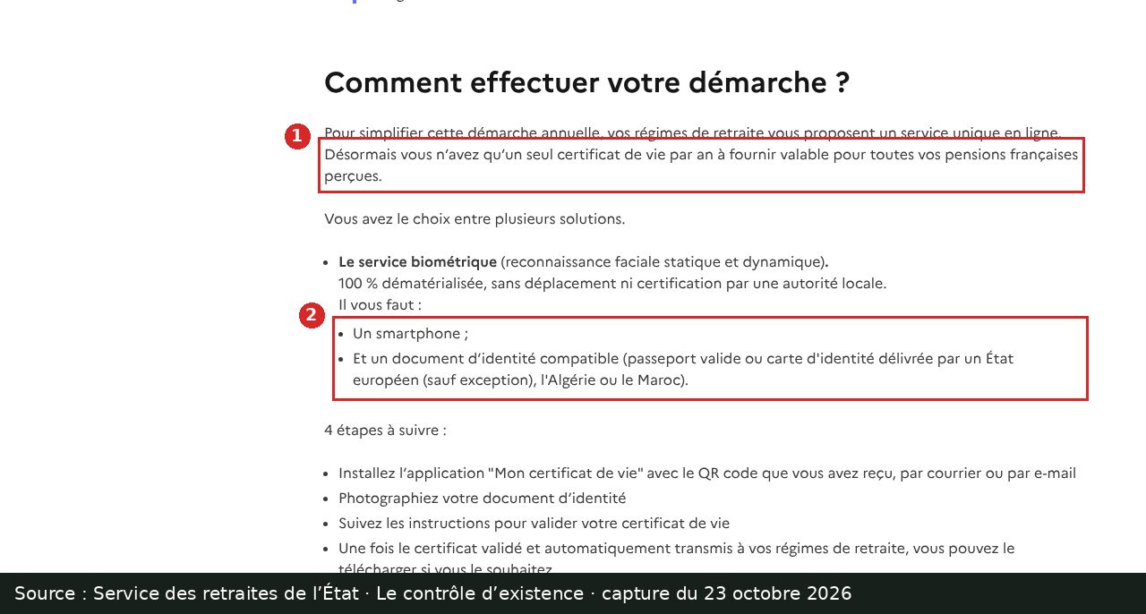Capture d’écran annotée : page « Le contrôle d’existence » du Service des retraites de l’État, deux passages encadrés
