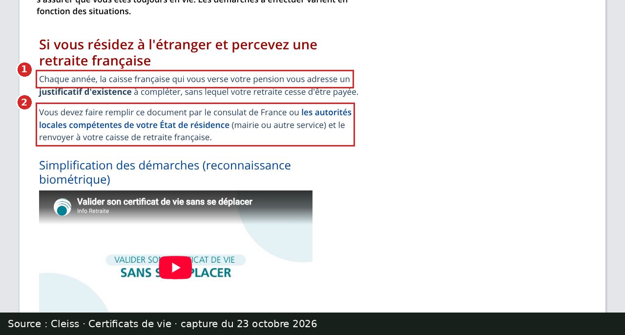 Capture d’écran annotée : page Certificats de vie du Cleiss, deux passages encadrés sur le justificatif annuel et l’autorité qui le remplit