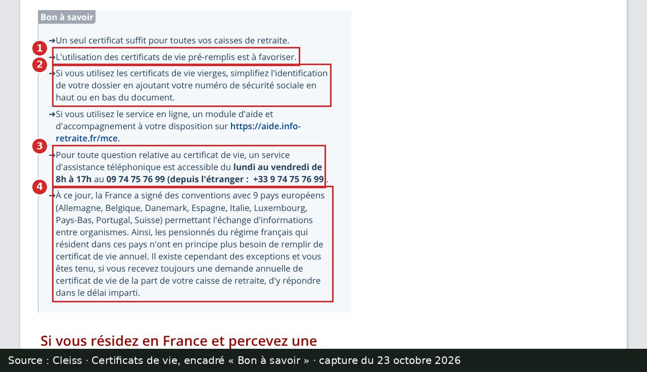 Capture d’écran annotée : encadré « Bon à savoir » du Cleiss, quatre passages numérotés