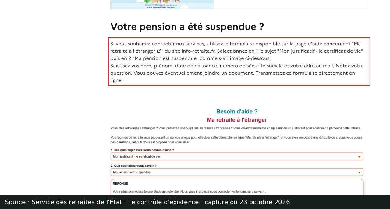 Capture d’écran annotée : rubrique « Votre pension a été suspendue ? » du Service des retraites de l’État, paragraphe encadré