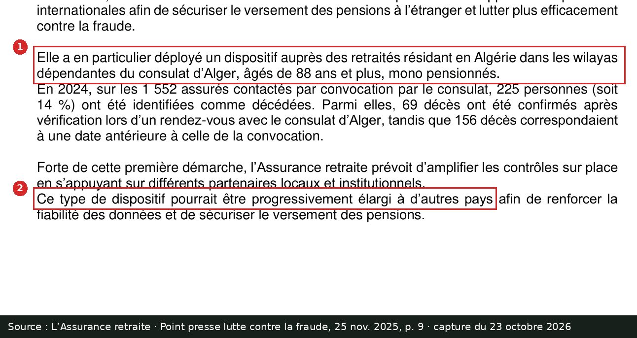 Capture d’écran annotée : dossier de presse de l’Assurance retraite, page 9, deux passages encadrés sur l’Algérie