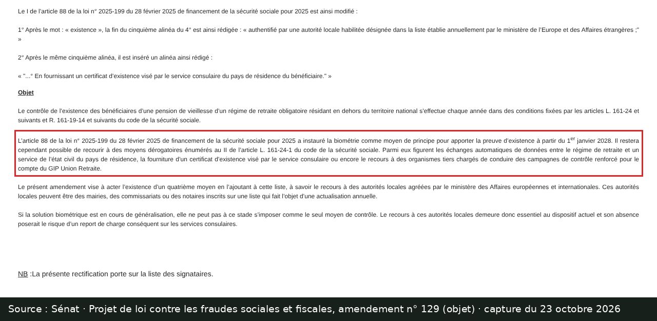 Capture d’écran annotée : objet de l’amendement n° 129 au Sénat, paragraphe sur l’article 88 de la loi de financement pour 2025 encadré