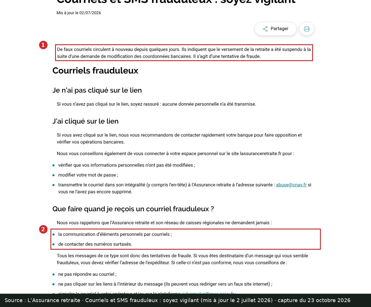 Capture d’écran annotée : alerte « Courriels et SMS frauduleux » de l’Assurance retraite, deux passages encadrés