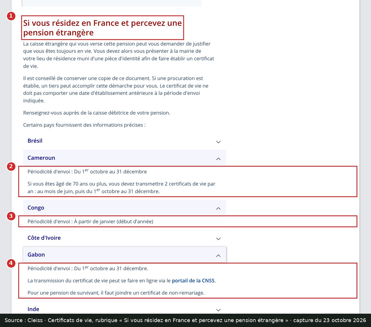 Capture d’écran annotée : page Certificats de vie du Cleiss, rubrique pension étrangère, Cameroun, Congo et Gabon encadrés