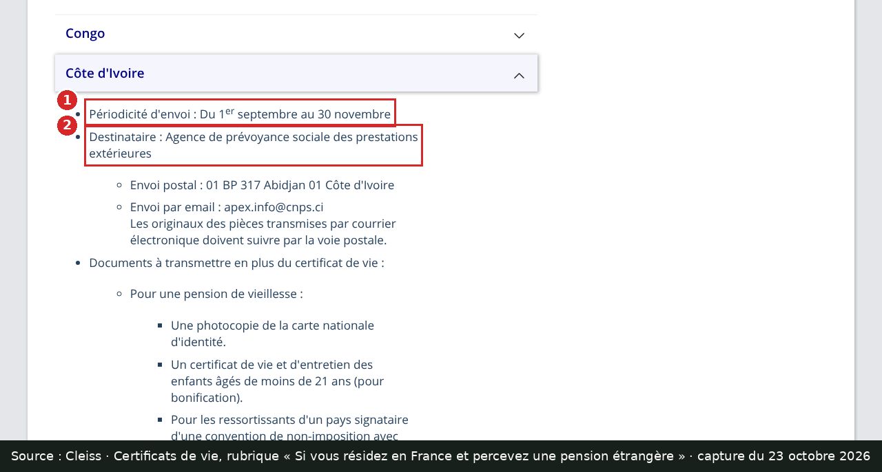 Capture d’écran annotée : page Certificats de vie du Cleiss, rubrique Côte d’Ivoire, période et destinataire encadrés