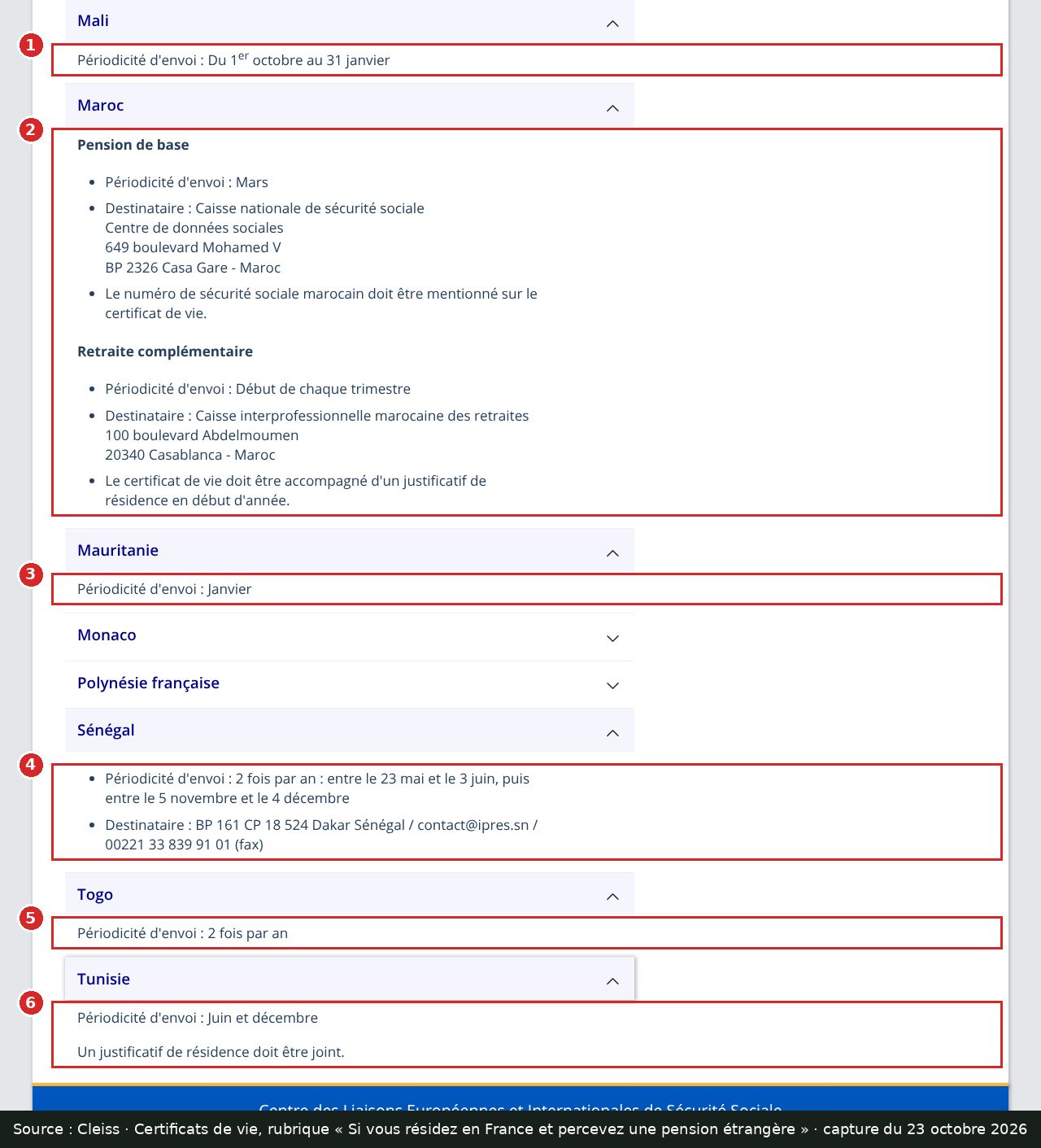 Capture d’écran annotée : page Certificats de vie du Cleiss, rubriques Mali, Maroc, Mauritanie, Sénégal, Togo et Tunisie encadrées