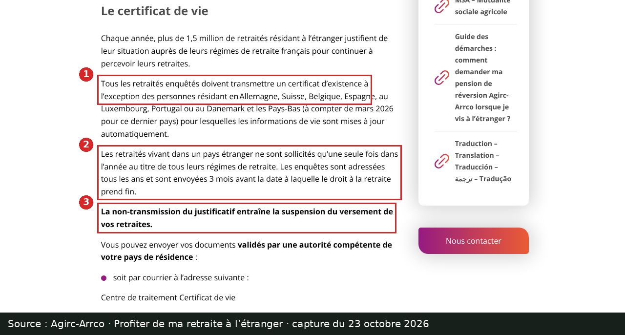 Capture d’écran annotée : page Agirc-Arrco « Profiter de ma retraite à l’étranger », trois passages encadrés