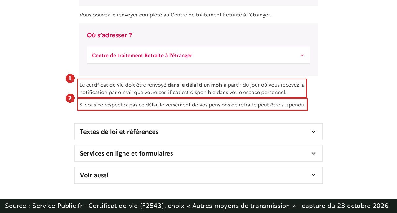 Capture d’écran annotée : fiche Service-Public F2543, choix « Autres moyens de transmission », passage sur le délai d’un mois encadré