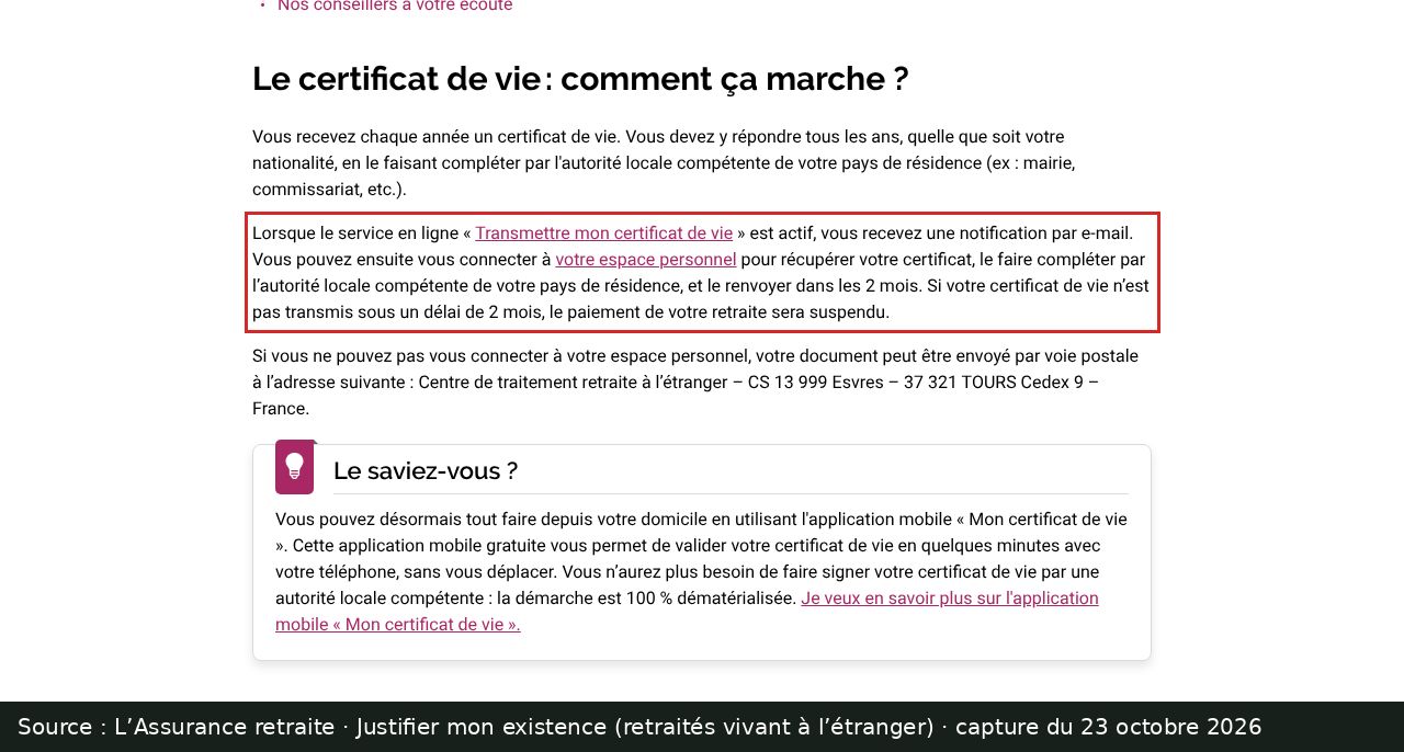 Capture d’écran annotée : page « Justifier mon existence » de l’Assurance retraite, paragraphe sur le délai de deux mois encadré