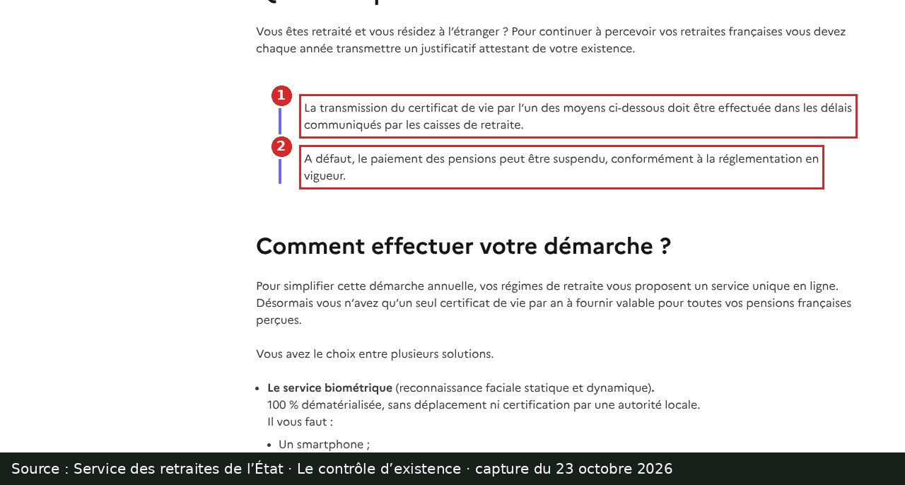 Capture d’écran annotée : page « Le contrôle d’existence » du Service des retraites de l’État, deux phrases encadrées