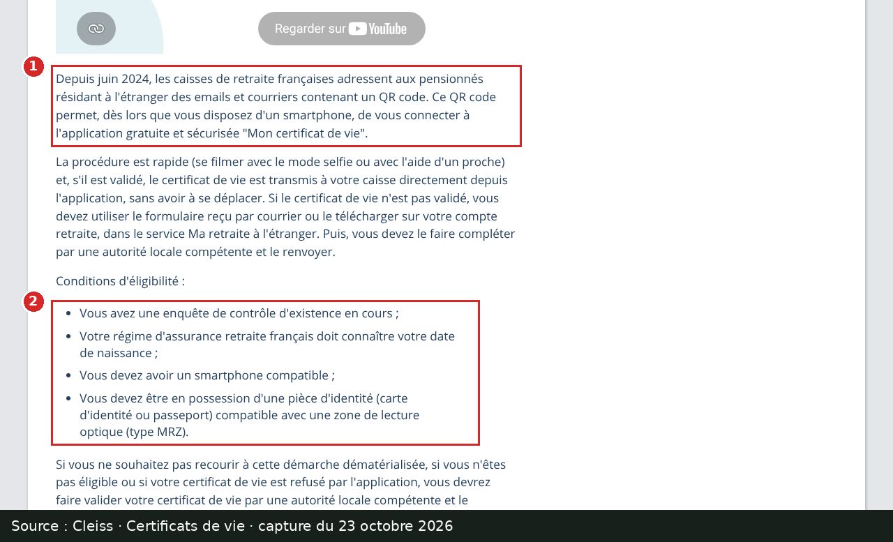 Capture d’écran annotée : page Certificats de vie du Cleiss, paragraphe sur le QR code et liste des conditions encadrés