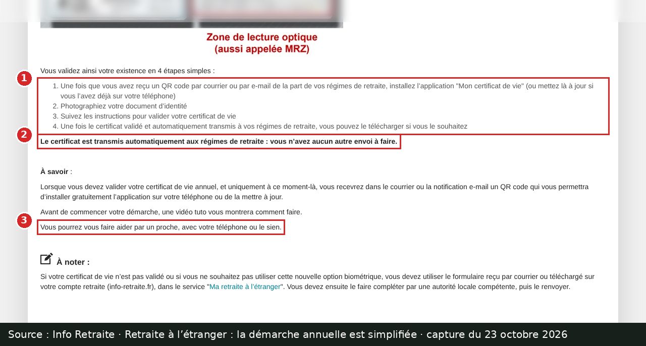 Capture d’écran annotée : actualité Info Retraite, liste des quatre étapes et deux phrases encadrées