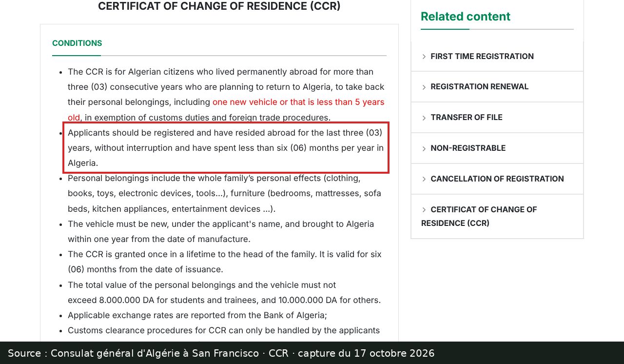 Capture d’écran de la page CCR du consulat général d’Algérie à San Francisco : passage encadré « Applicants should be registered and have resided abroad for the last three (03) years, without interruption and have spent less than six (06) months per year in Algeria. »