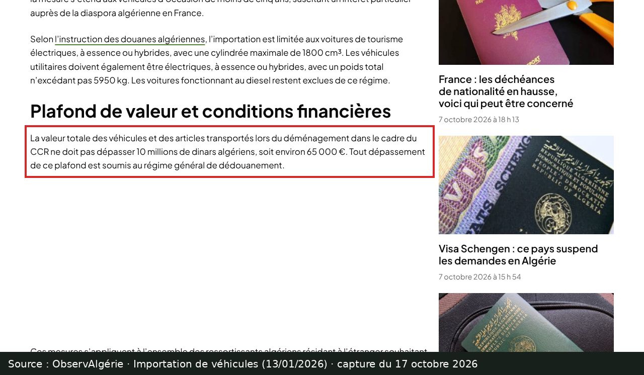 Capture d’écran de l’article d’ObservAlgérie du 13 janvier 2026 : passage encadré « La valeur totale des véhicules et des articles transportés lors du déménagement dans le cadre du CCR ne doit pas dépasser 10 millions de dinars algériens, soit environ 65 000 €. Tout dépassement de ce plafond est soumis au régime général de dédouanement. »