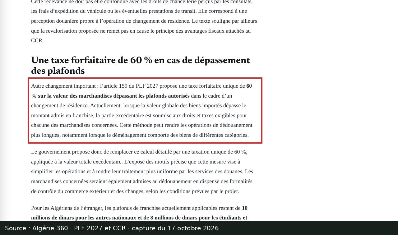 Capture d’écran de l’article d’Algérie 360 sur le PLF 2027 : passage encadré « Autre changement important : l’article 159 du PLF 2027 propose une taxe forfaitaire unique de 60 % sur la valeur des marchandises dépassant les plafonds autorisés »