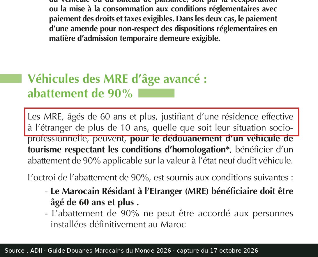 Capture d’écran de la page 10 du guide ADII « Douanes Marocains du Monde 2026 » : passage encadré « Les MRE, âgés de 60 ans et plus, justifiant d’une résidence effective à l’étranger de plus de 10 ans »