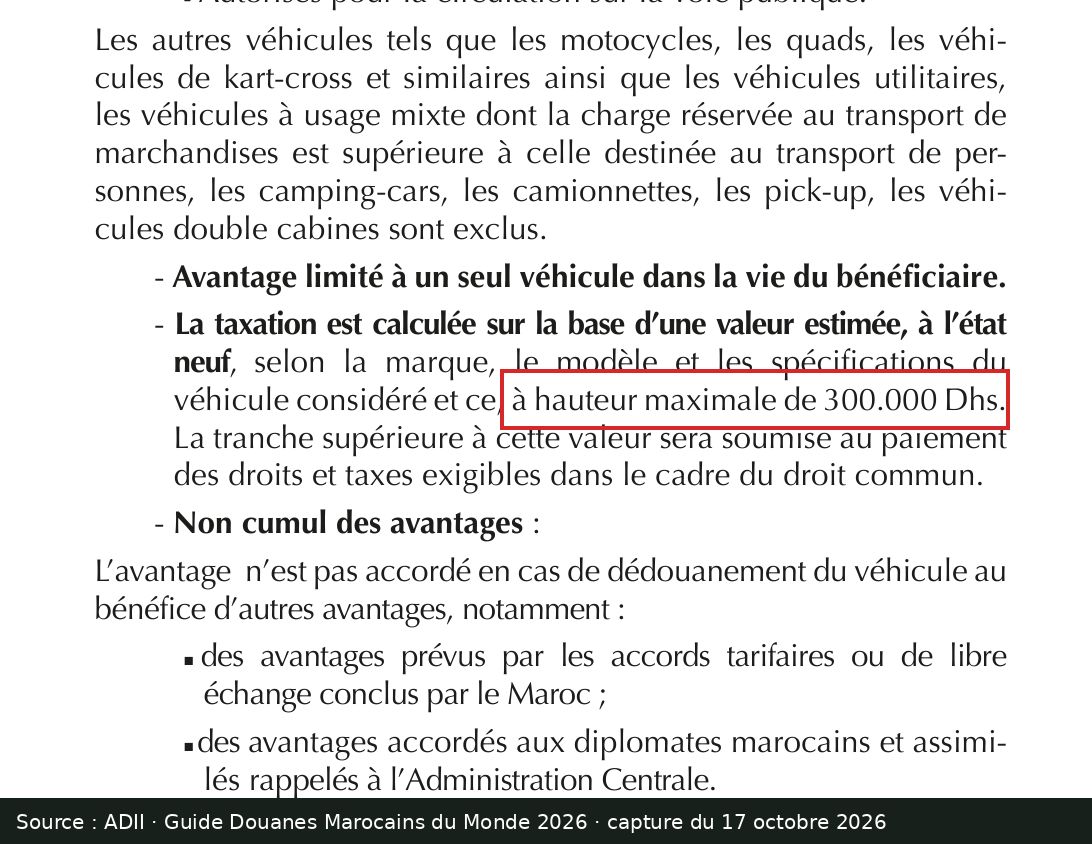 Capture d’écran de la page 11 du guide ADII « Douanes Marocains du Monde 2026 » : passage encadré « à hauteur maximale de 300.000 Dhs »