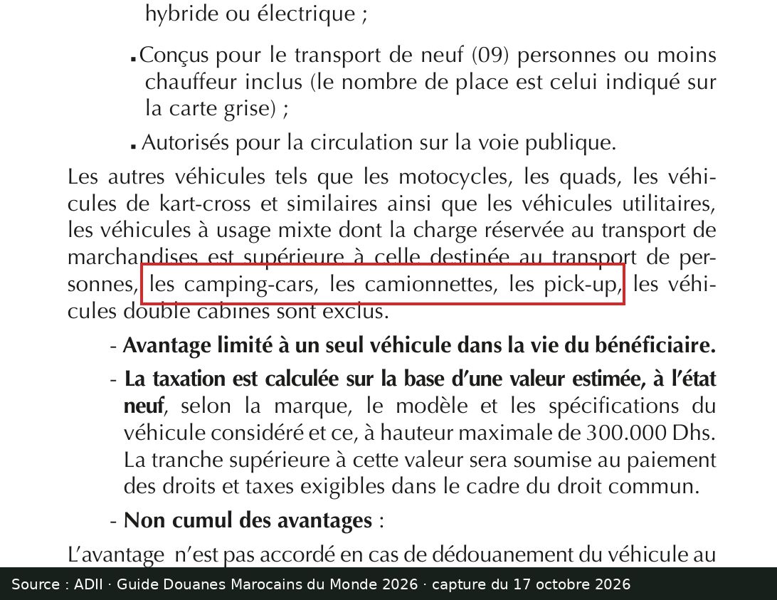 Capture d’écran de la page 11 du guide ADII « Douanes Marocains du Monde 2026 » : passage encadré « les camping-cars, les camionnettes, les pick-up »