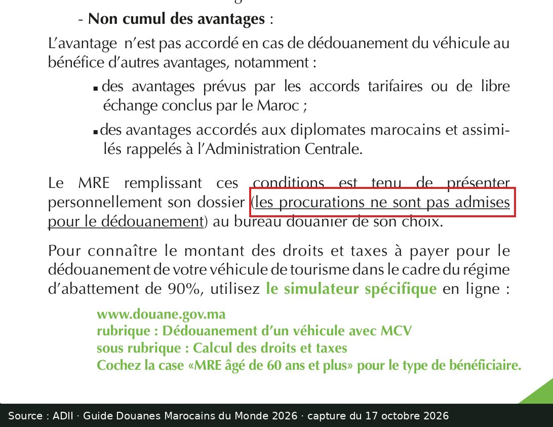 Capture d’écran de la page 11 du guide ADII « Douanes Marocains du Monde 2026 » : passage encadré « les procurations ne sont pas admises pour le dédouanement »