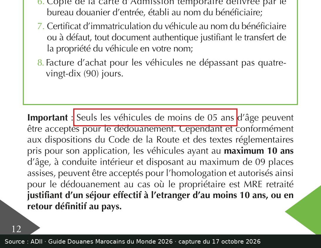 Capture d’écran de la page 12 du guide ADII « Douanes Marocains du Monde 2026 » : passage encadré « Seuls les véhicules de moins de 05 ans »