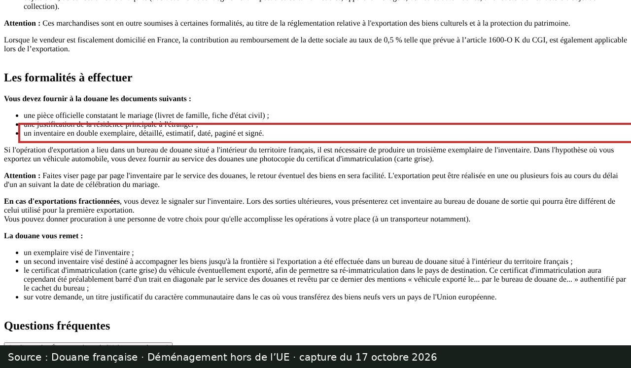 Capture d’écran de la fiche de la douane française sur le déménagement hors de l’Union européenne : passage encadré « un inventaire en double exemplaire, détaillé, estimatif, daté, paginé et signé. »